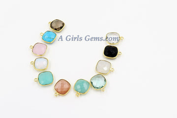 Square Charms, Gold Plated Gemstone Charms, Small Birthstone Pendants 14 x 16 mm